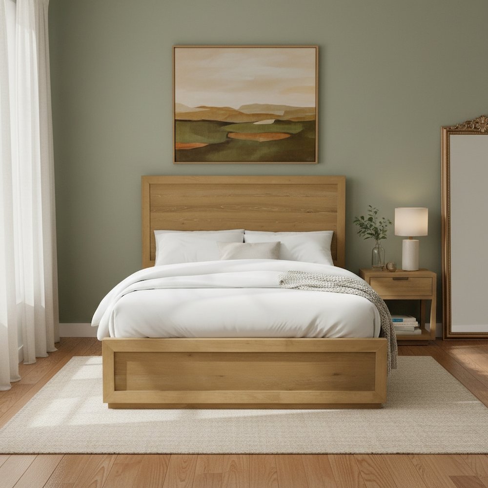 Queen Platform Bed with Modern Farmhouse Design and Durable Wood Rails