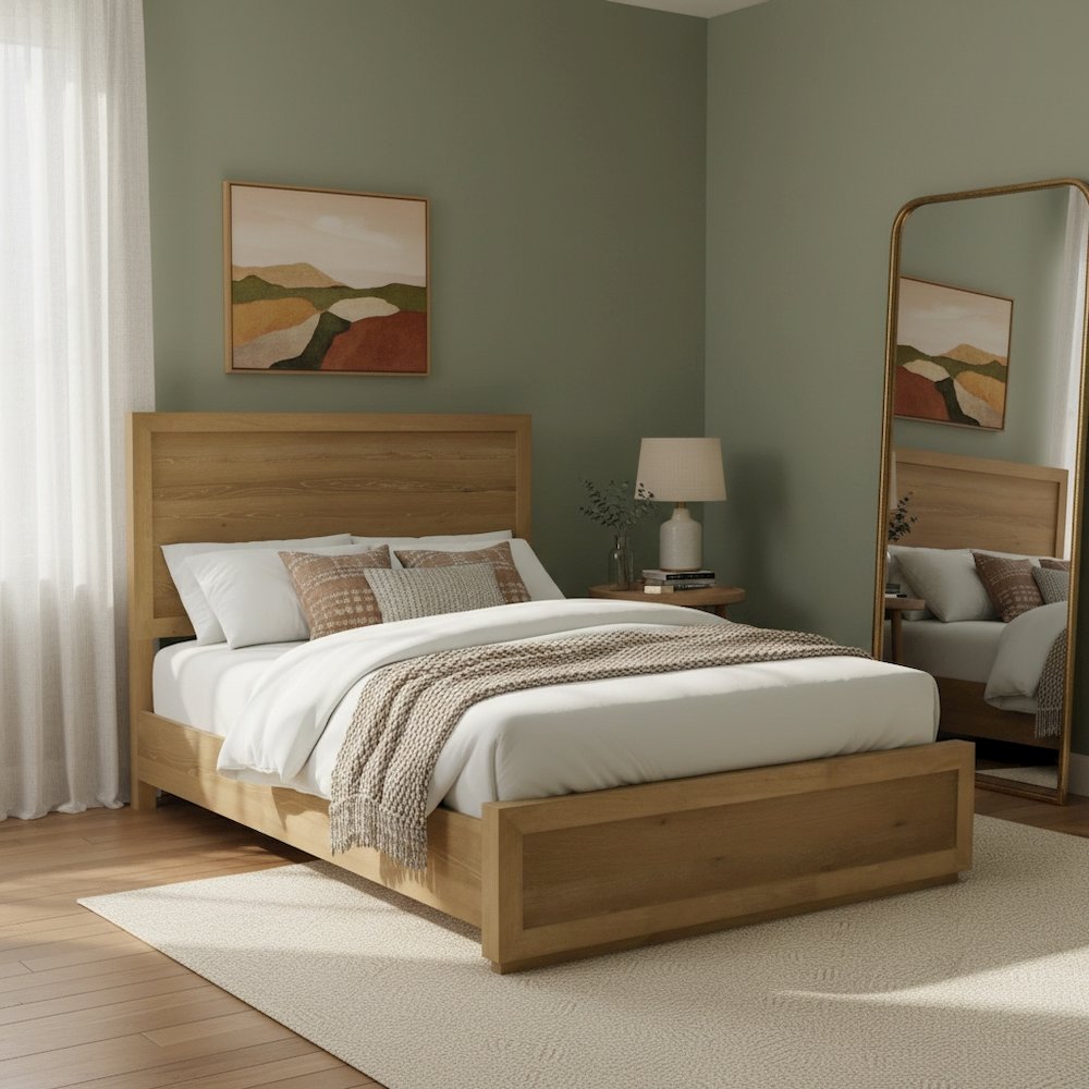 Queen Platform Bed with Modern Farmhouse Design and Durable Wood Rails