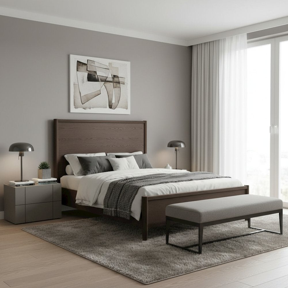 Walnut King Panel Bed with Modern Contemporary Design and Sturdy Construction