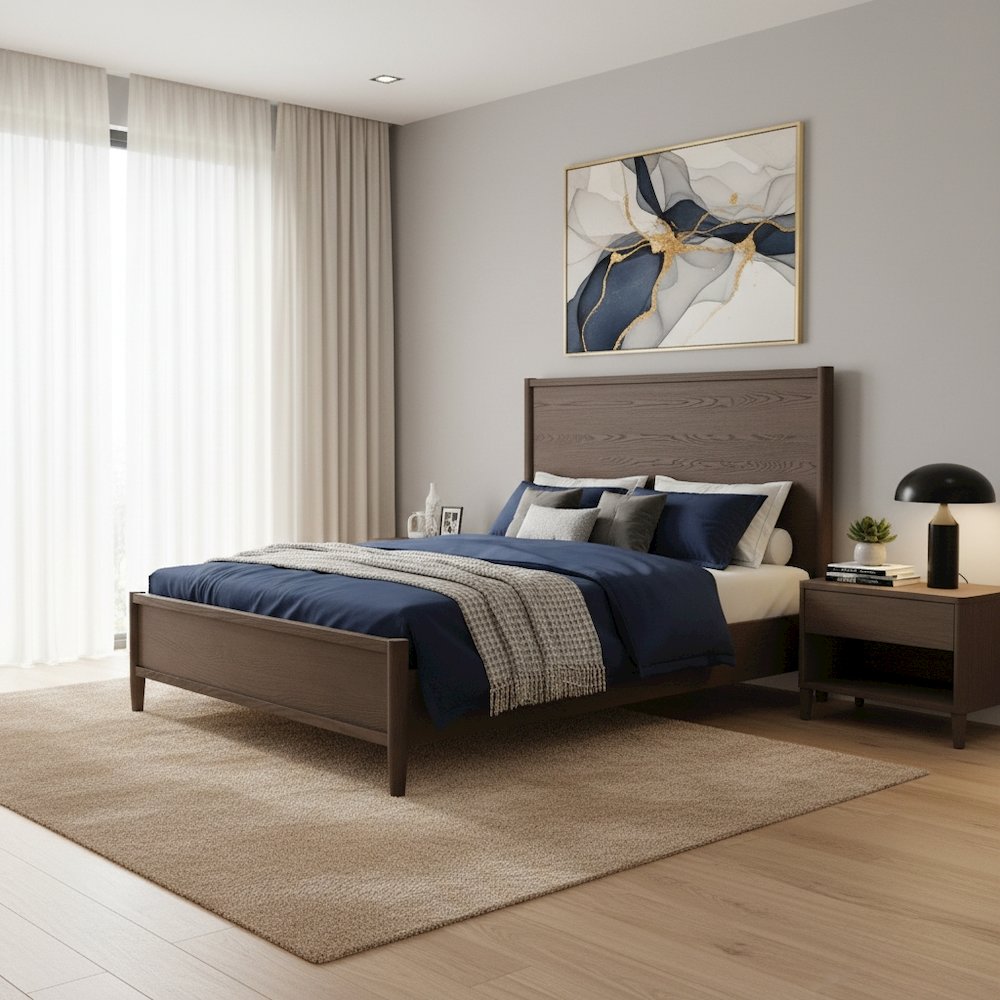 Walnut Queen Panel Bed with Modern Contemporary Design and Sturdy Frame