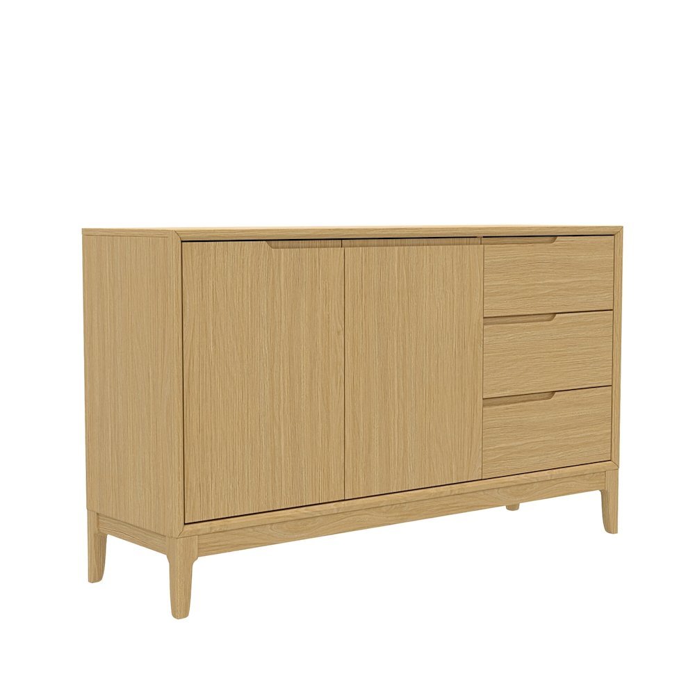 Light Oak Dining Server with Drawers and Modern Shelving Storage Unit