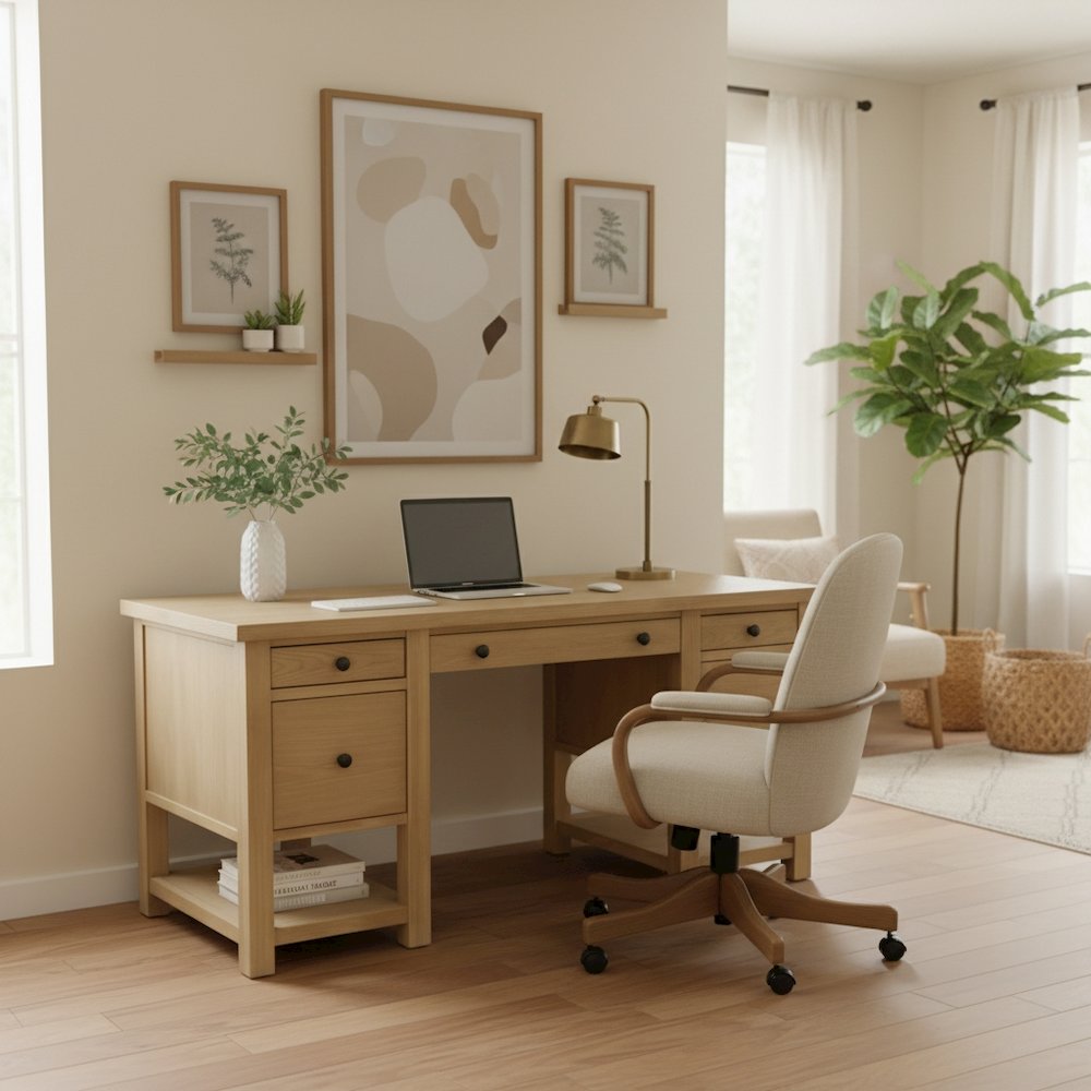 Light Wood Office Desk with Modern Farmhouse Style and Spacious Work Surface