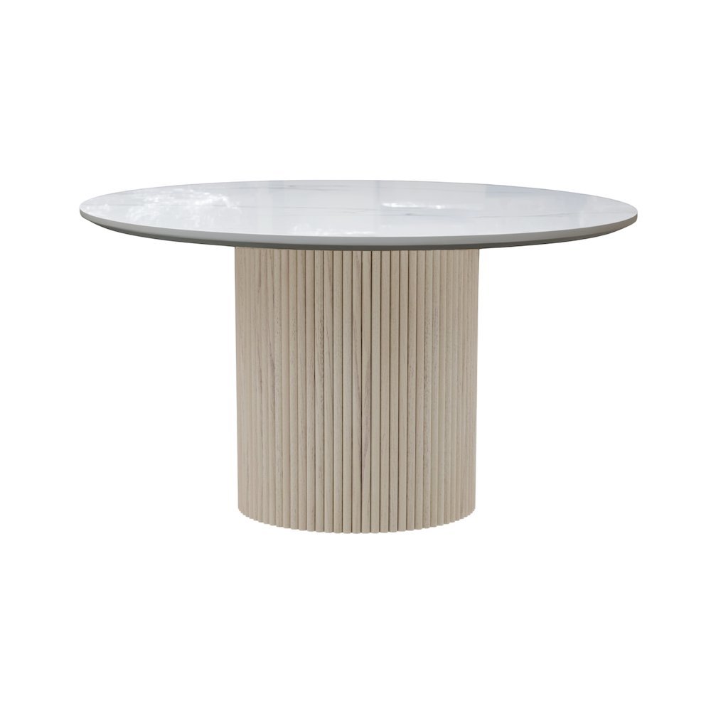 Round Dining Table White Wash Base Quartz Top Modern Design Solid Construction
