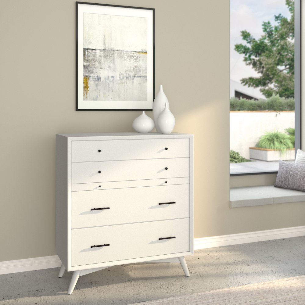 Flynn Mid Century Modern 4 Drawer Multifunction Chest w/Pull Out Tray, White