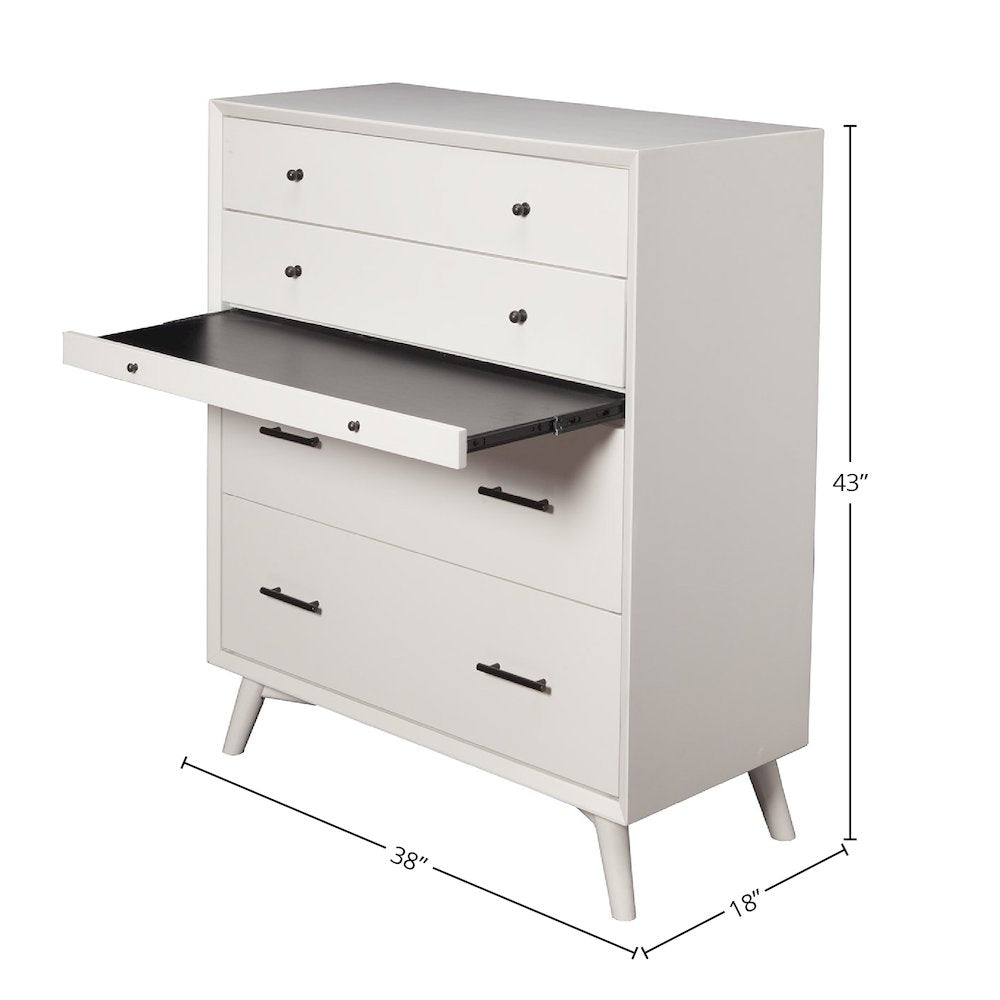 Flynn Mid Century Modern 4 Drawer Multifunction Chest w/Pull Out Tray, White