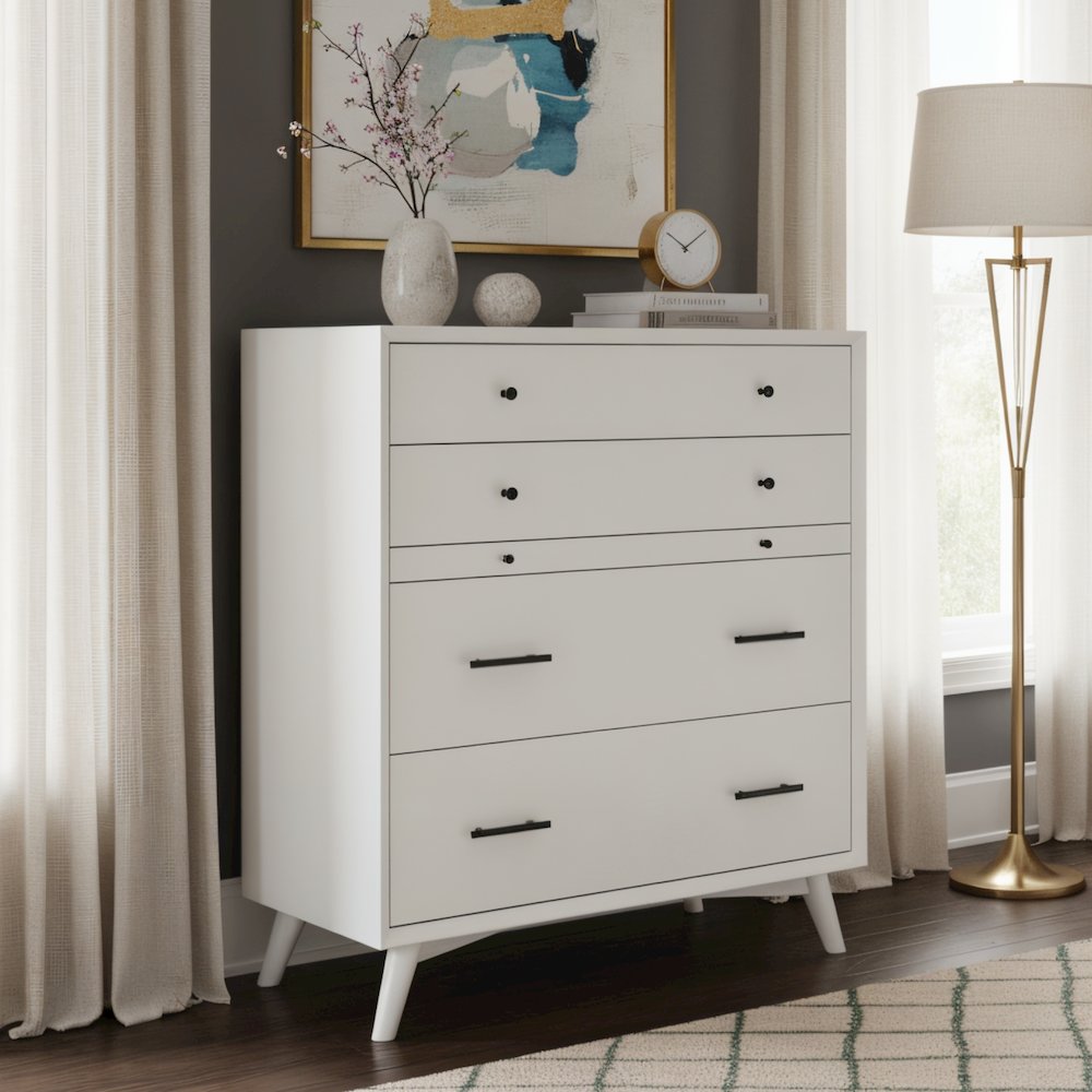 Flynn Mid Century Modern 4 Drawer Multifunction Chest w/Pull Out Tray, White