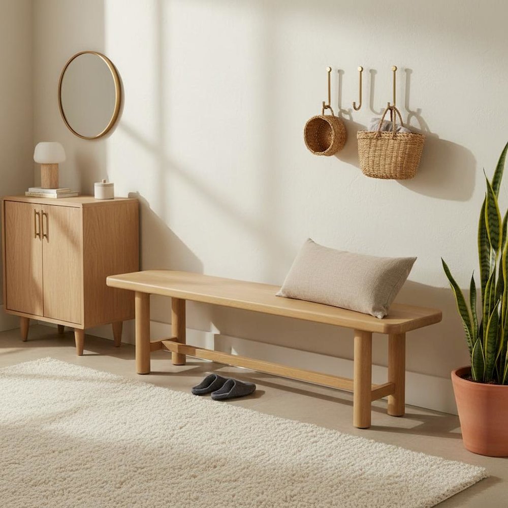 Light Oak Modern Dining Bench with Open Leg Space and Sleek Design