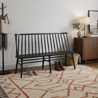 Farmhouse Style Windsor Dining Bench with Solid Wood Frame and Comfortable Seat