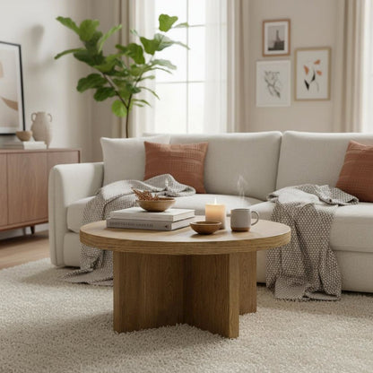 Round Coffee Table Oak Wood Modern Rustic Design Single Piece