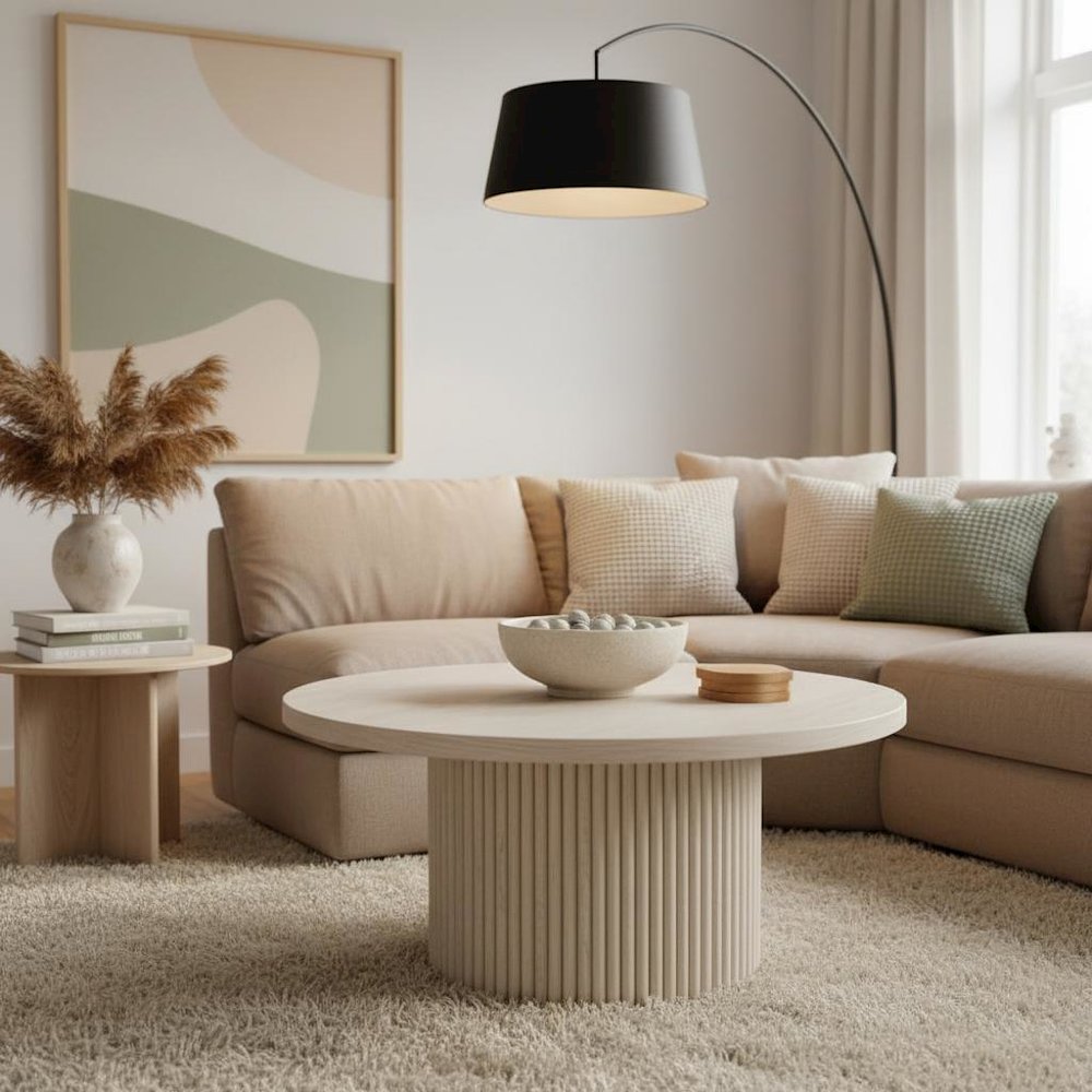 White Wash Round Cocktail Table with Modern Design and Sturdy Base