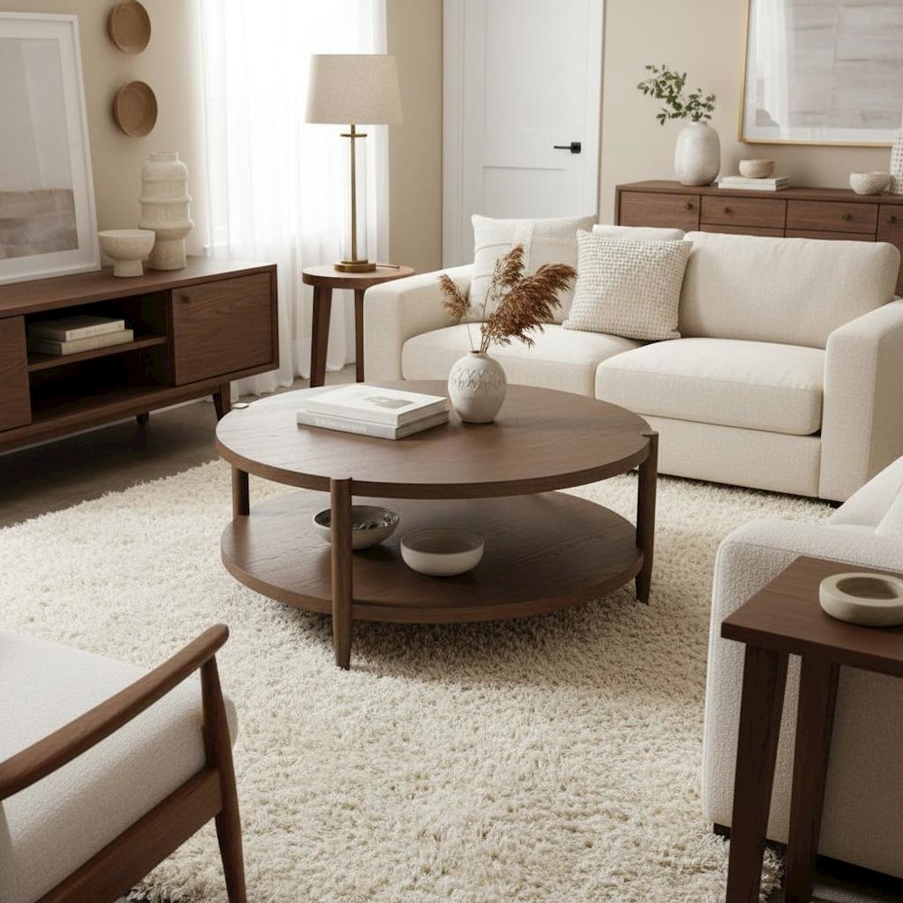 Walnut Round Coffee Table with Modern Contemporary Design and Solid Build