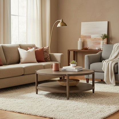 Walnut Round Coffee Table with Modern Contemporary Design and Solid Build