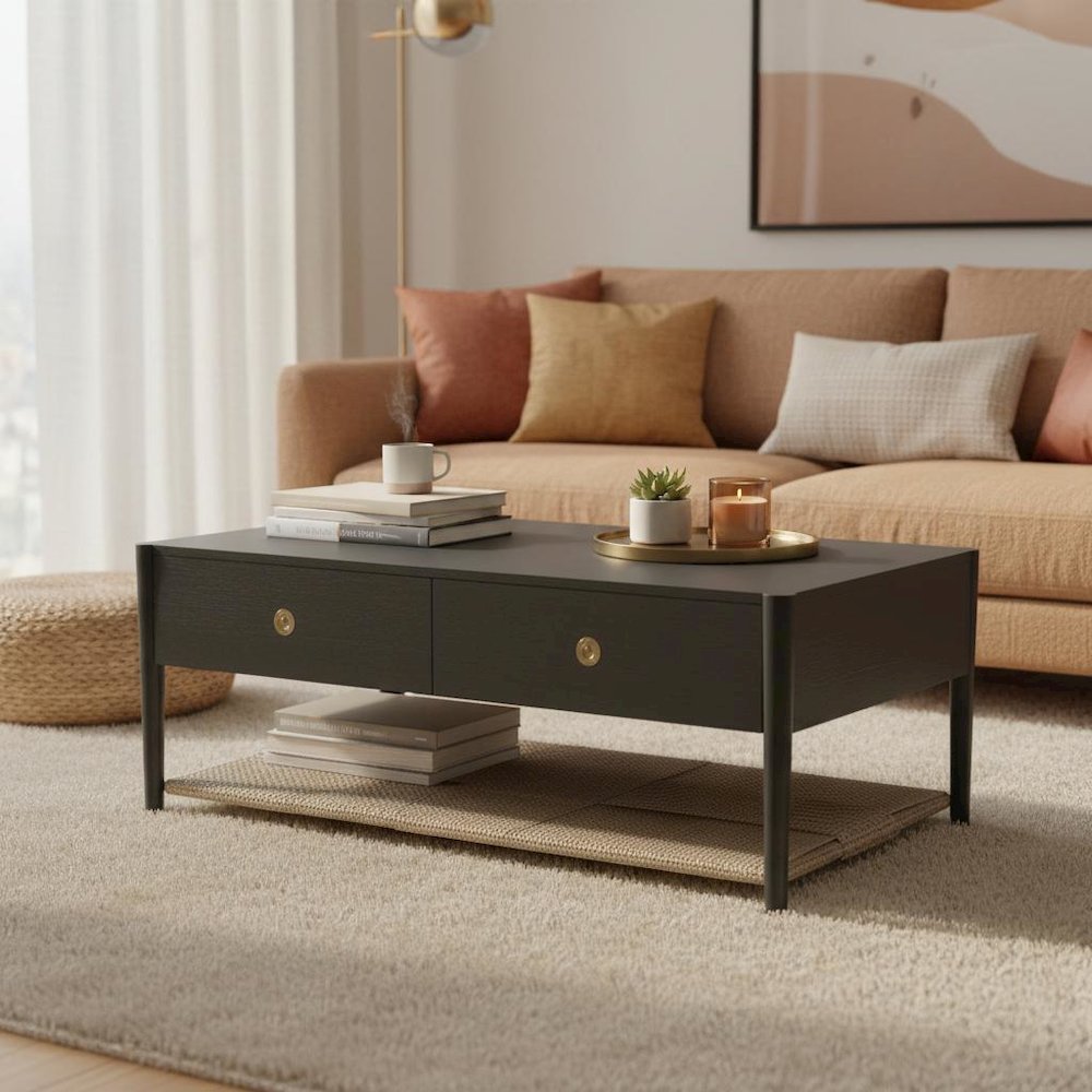 Charcoal Gray Coffee Table with Drawer and Open Shelf Modern Design