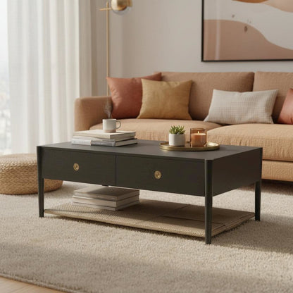 Charcoal Gray Coffee Table with Drawer and Open Shelf Modern Design