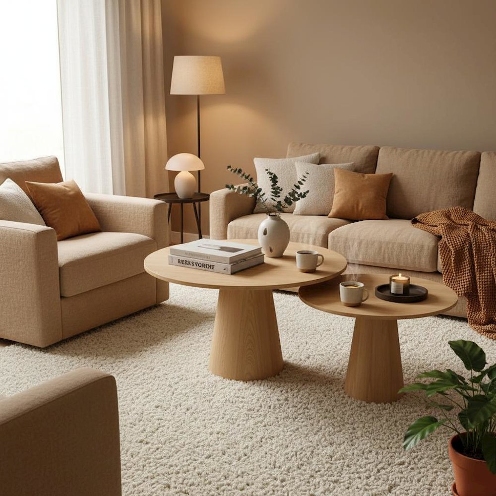 Warm Wood Modern Coffee Table with Floor Clearance and Single-Piece Design