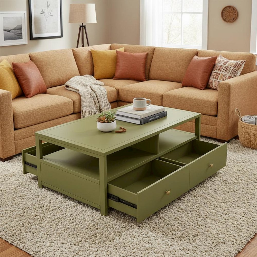 Olive Cocktail Table with Drawer Modern Farmhouse Design Solid Build