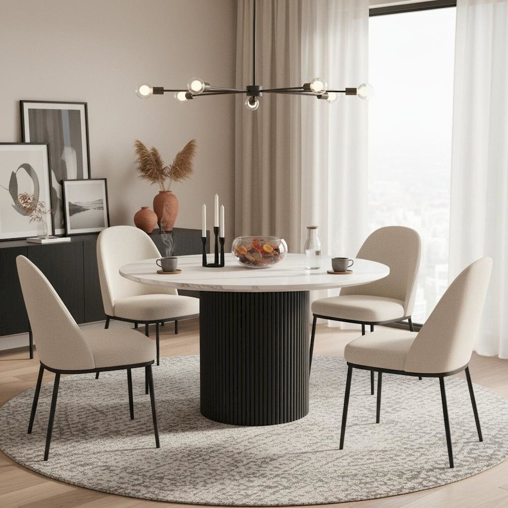 Black Round Dining Table with Quartz Top and Modern Sturdy Legs