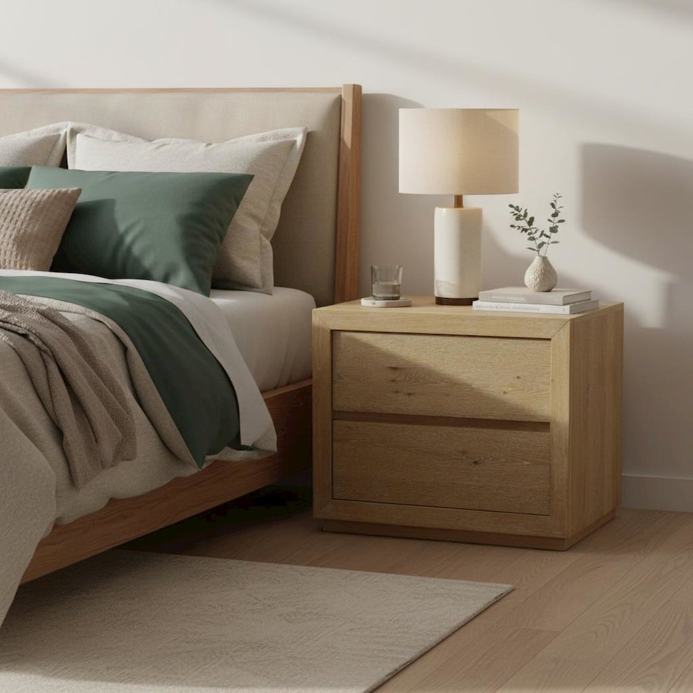 Two Drawer Nightstand in Warm Wood Tone with Solid Rubberwood and Oak Veneer