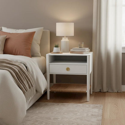 Modern Nightstand with Rubberwood Solids and Oak Veneer Drawer