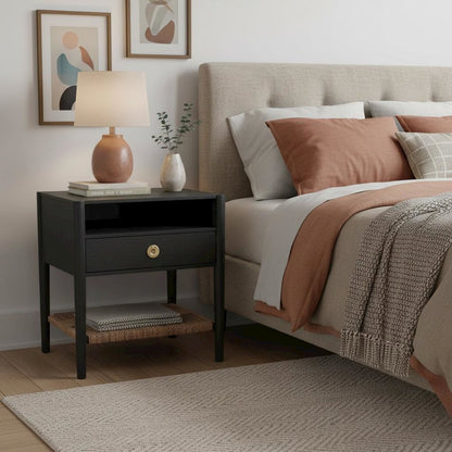 Charcoal Gray Modern Nightstand with Drawer Rubberwood Solids and Oak Veneer