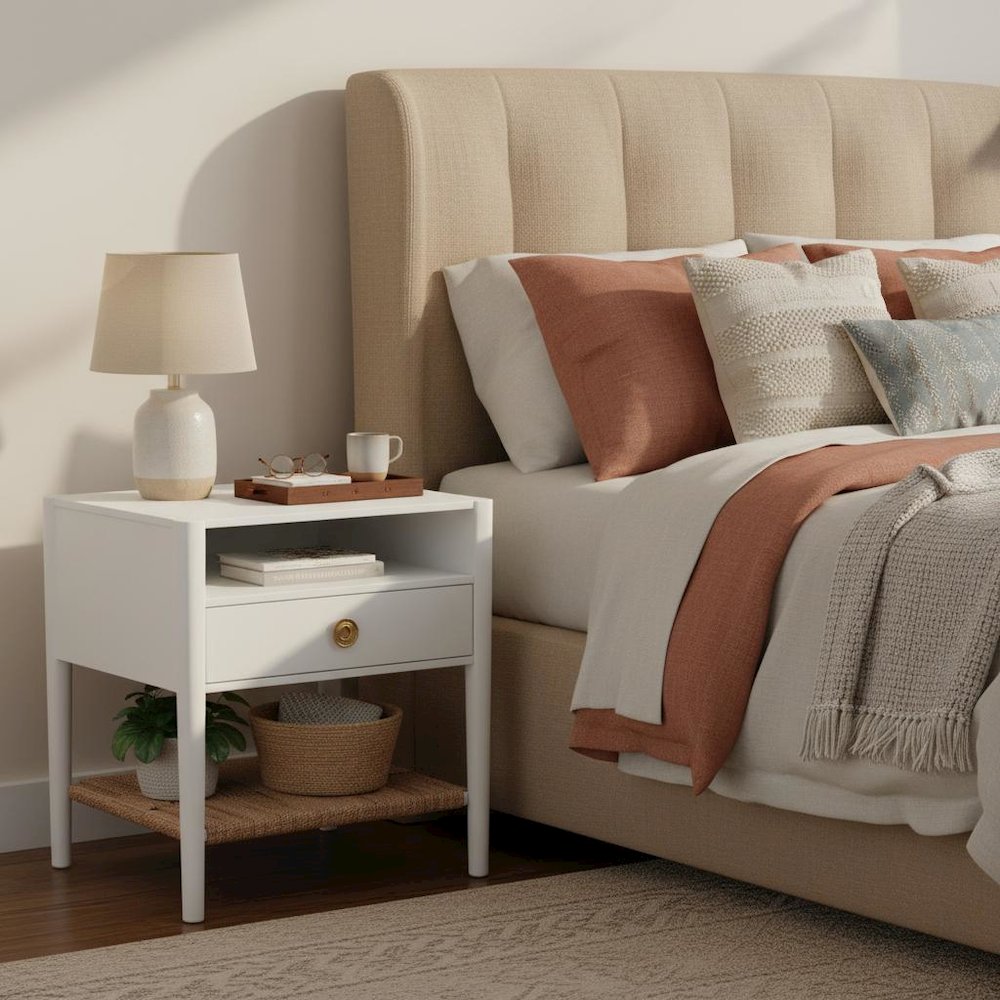 Modern Nightstand with Rubberwood Solids and Oak Veneer Drawer
