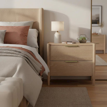 Light-Tone Rubberwood Nightstand with Oak Veneer and Modern Drawer Design