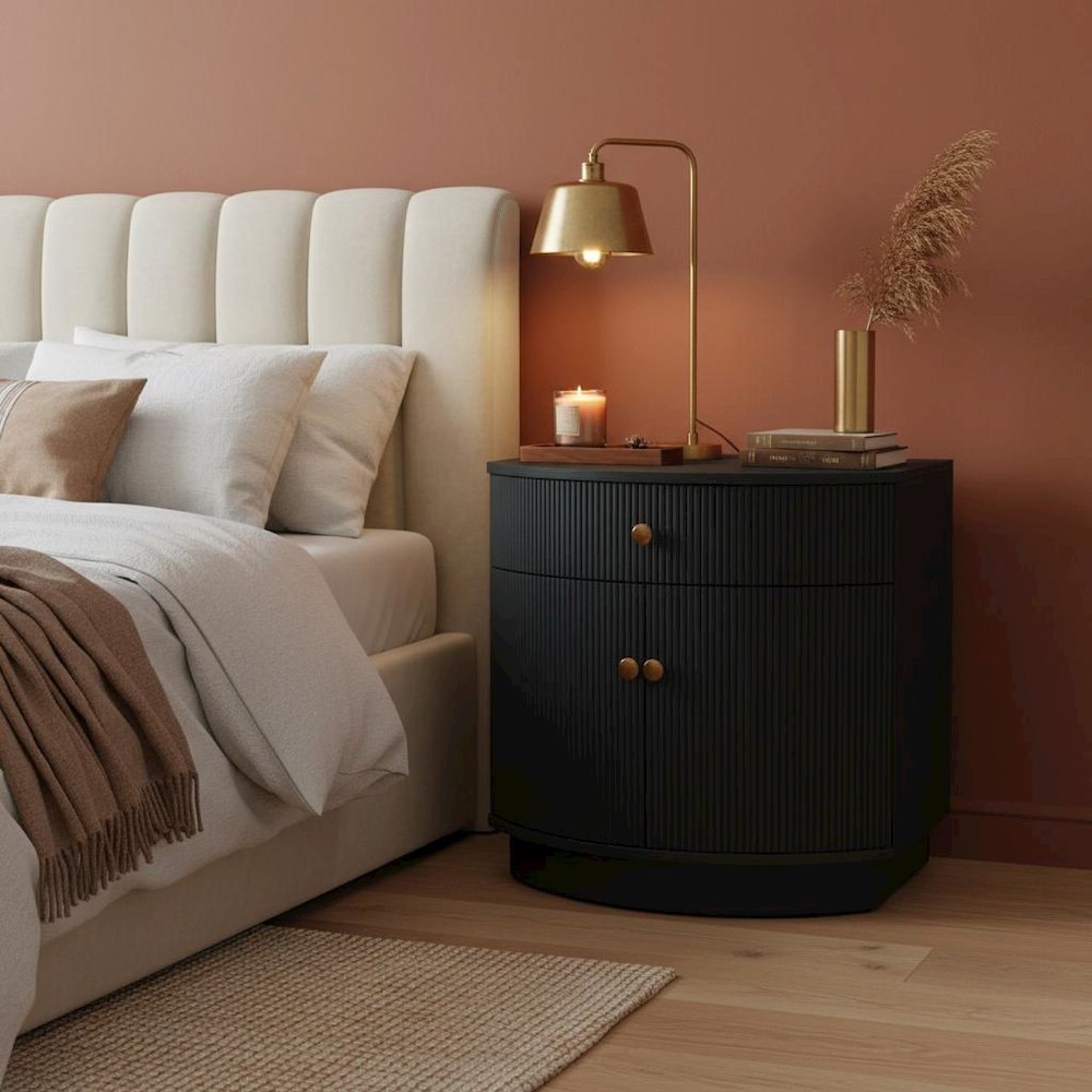 Black Modern Contemporary Nightstand with Drawer and Bottom Shelf Rubberwood