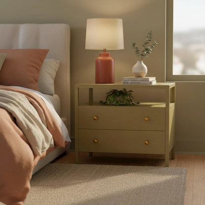 Modern Farmhouse Nightstand with Drawer Rubberwood Solids Oak Veneer