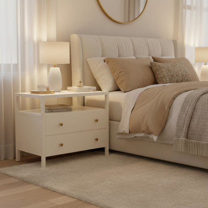 Nightstand with Drawer Modern Farmhouse Rubberwood and Oak Veneer