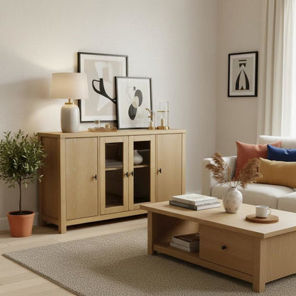 Glass and Wood Sideboard with Left and Right Cabinet Storage Farmhouse Design