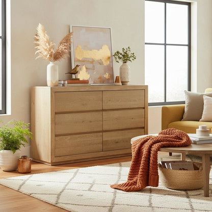 Six Drawer Dresser in Unstained Wood Finish with Modern Farmhouse Design