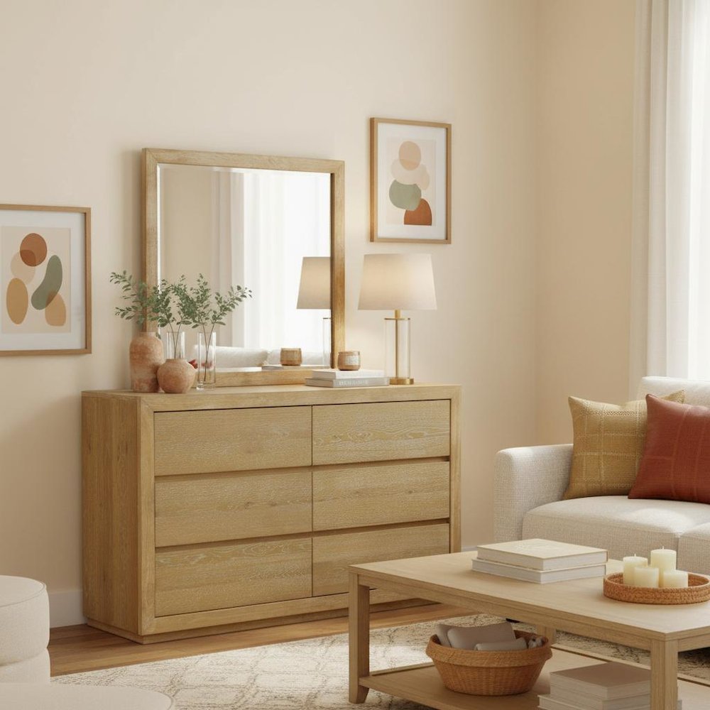 Six Drawer Dresser in Unstained Wood Finish with Modern Farmhouse Design