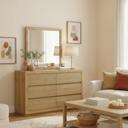 Six Drawer Dresser in Unstained Wood Finish with Modern Farmhouse Design