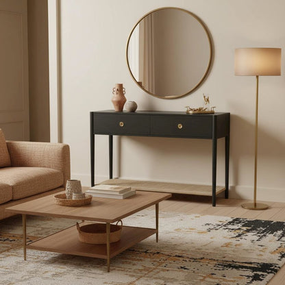 Console Table Charcoal Gray Modern Design with Drawer and Open Shelf Storage