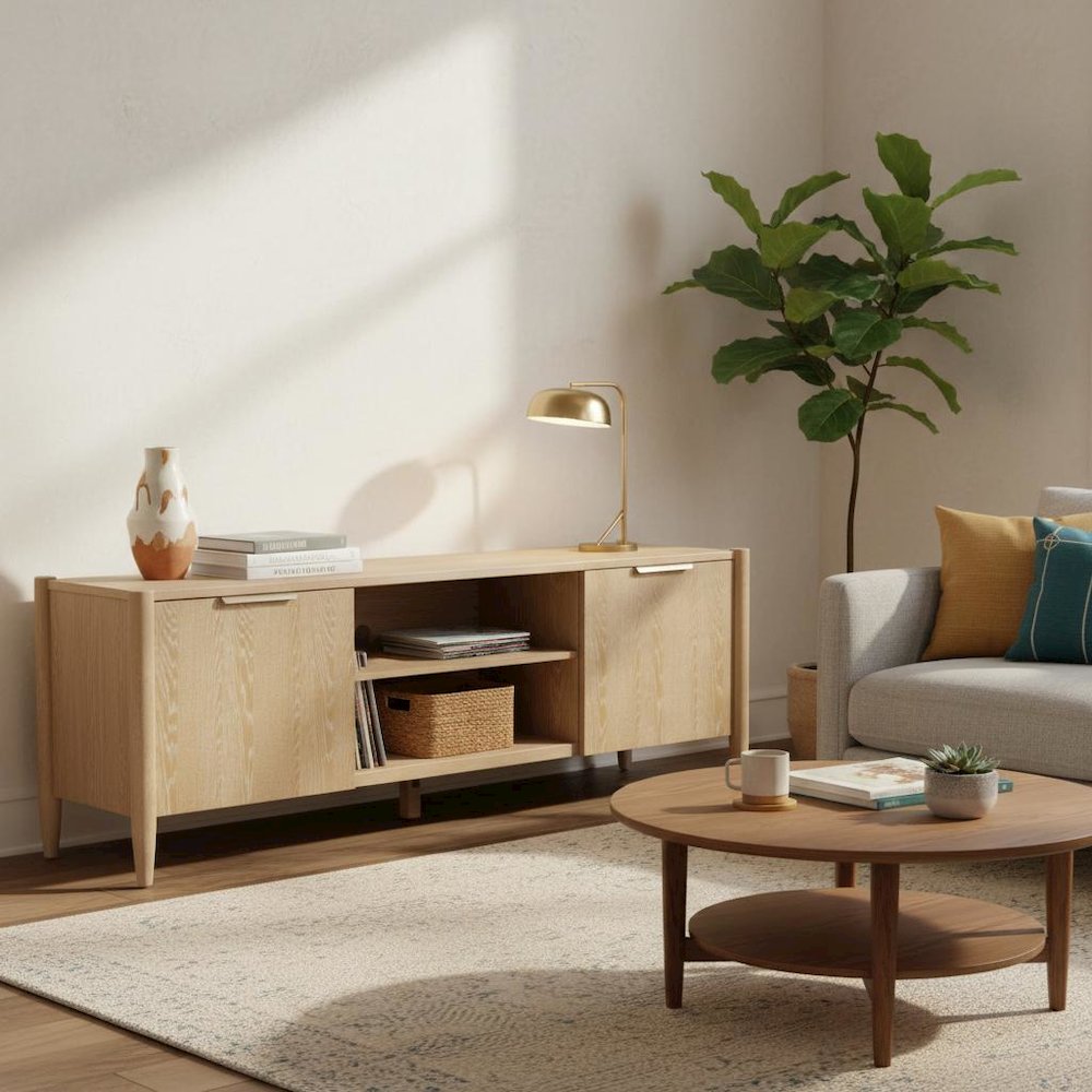 Wood-Finish TV Console with Modern Contemporary Design and Middle Shelf Storage
