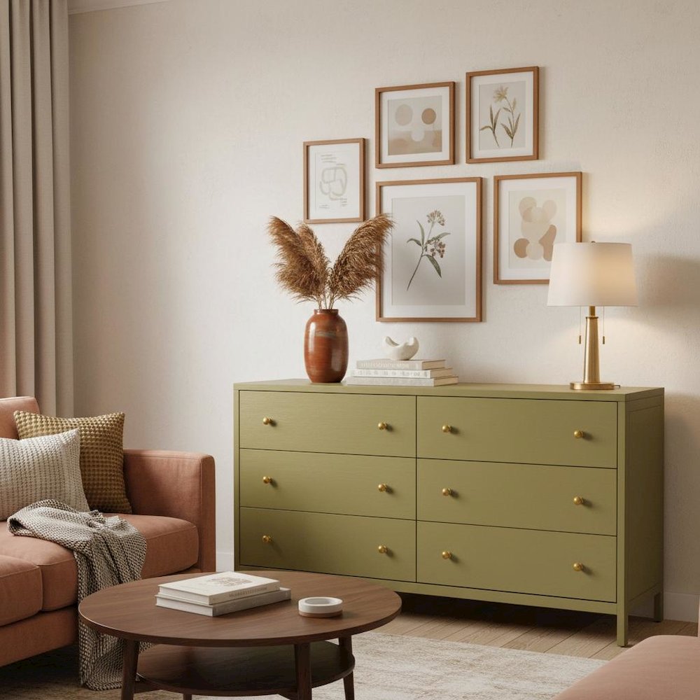 Olive-Toned Modern Farmhouse Dresser with Spacious Drawers and Sturdy Design