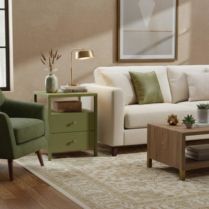 Olive Finish End Table with Drawer and Modern Farmhouse Design