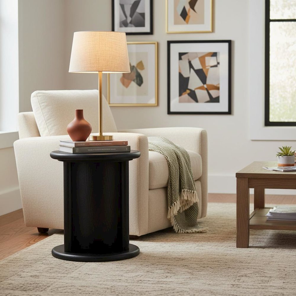 Black Modern End Table with Bottom Shelf and Curved Middle Area
