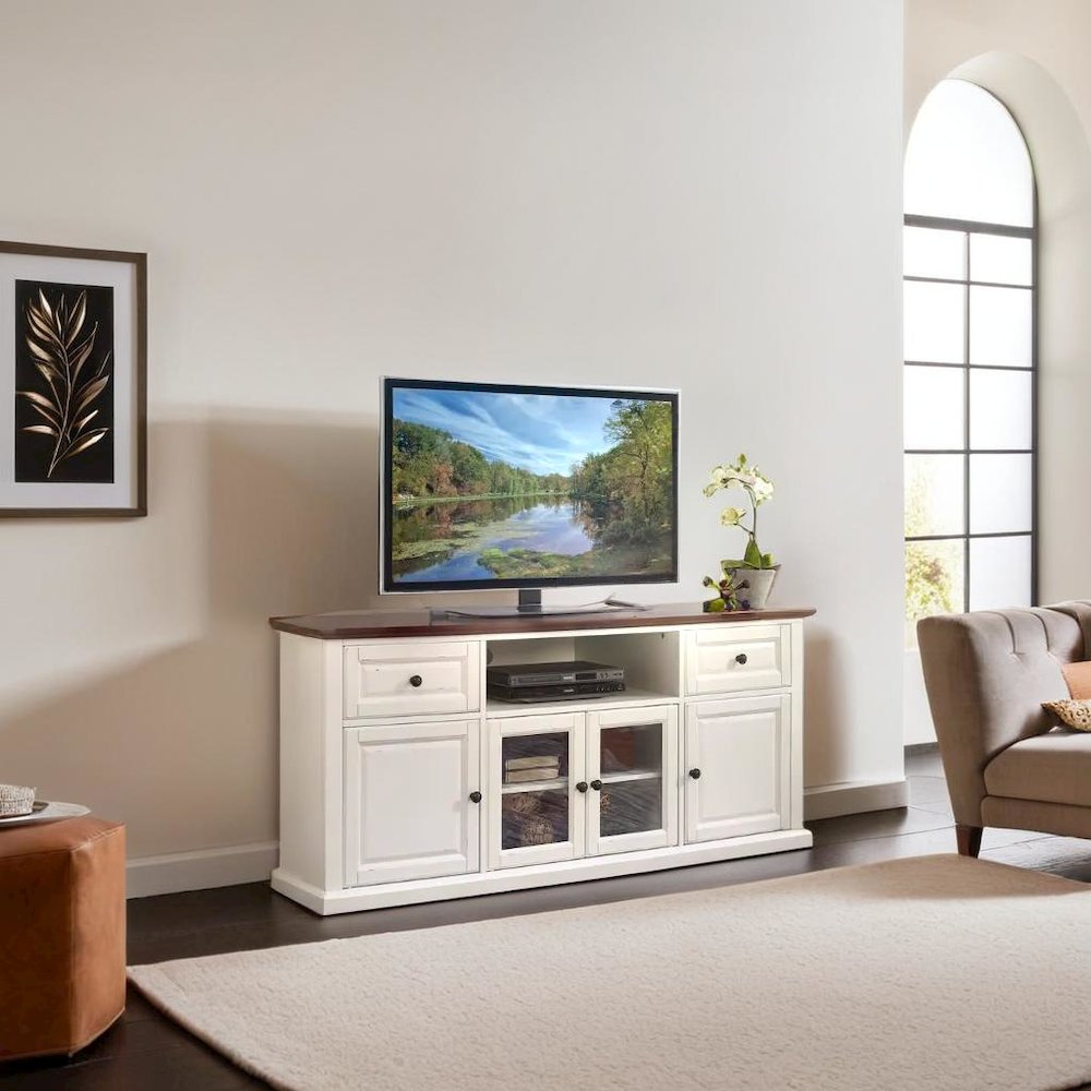Stylish 60" Corner TV Console Featuring Antique Bronze Hardware and Storage