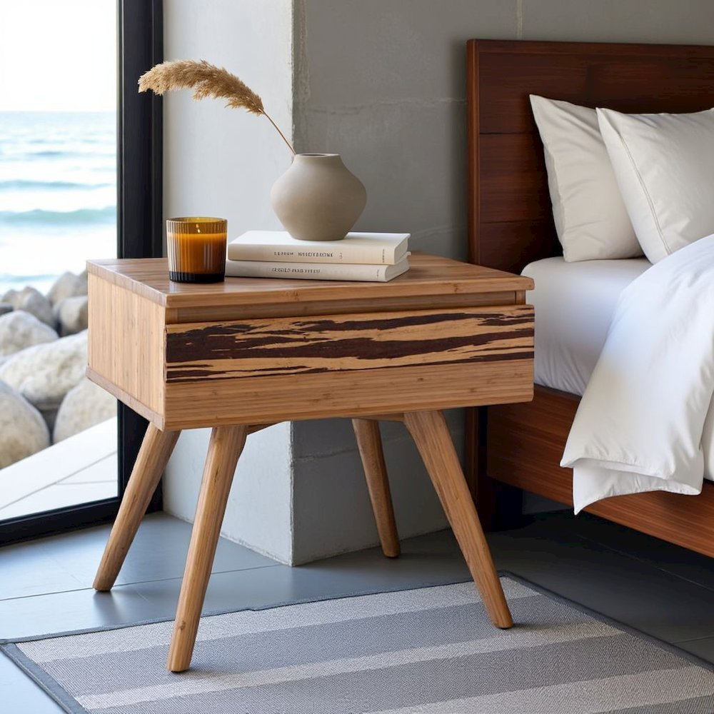 Caramelized Solid Bamboo Bed Side Table – Wood Nightstand with 1 Drawer