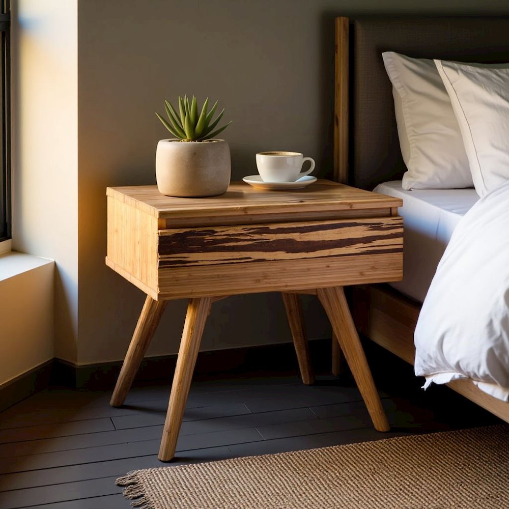 Caramelized Solid Bamboo Bed Side Table – Wood Nightstand with 1 Drawer