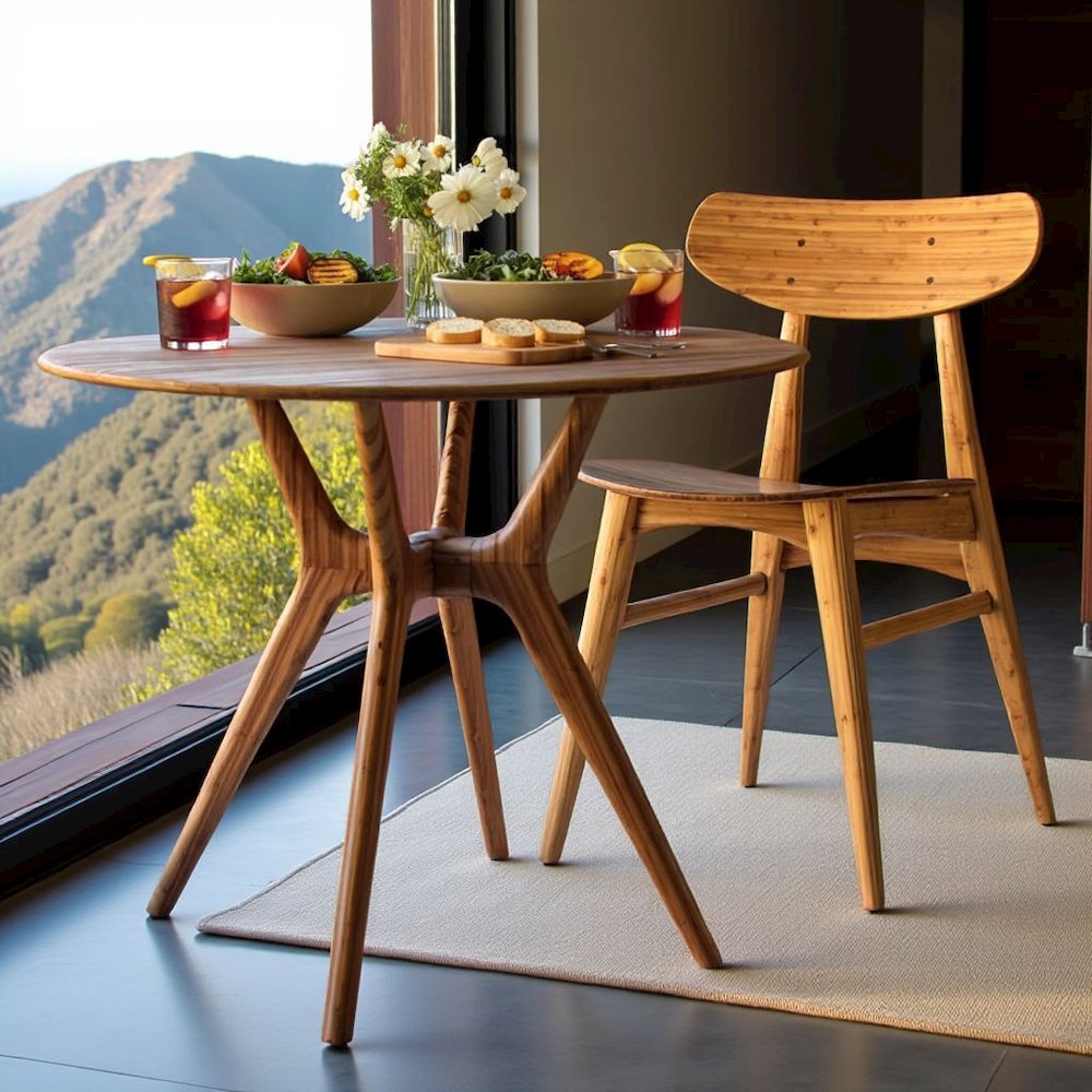 Brown Round Dining Table in Solid Bamboo – Wooden Kitchen Table