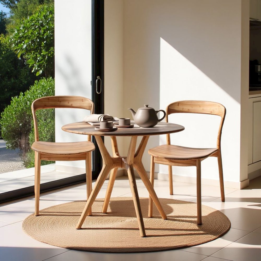 Beige Round Dining Table in Solid Bamboo – Wooden Kitchen Table