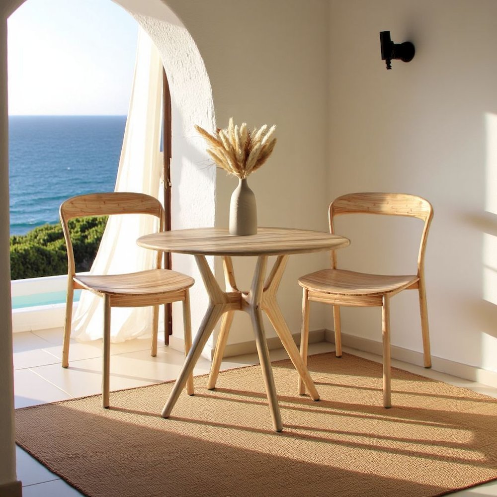 Beige Round Dining Table in Solid Bamboo – Wooden Kitchen Table