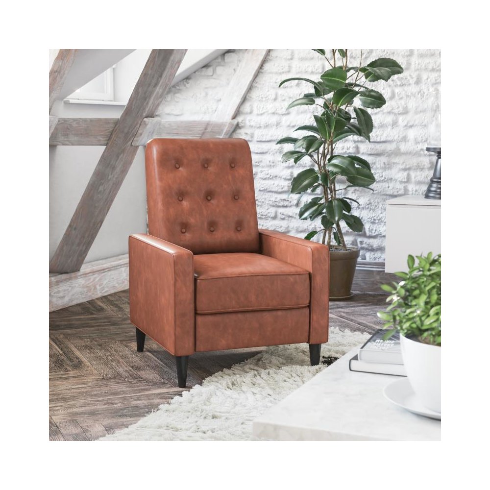 Ezra Mid-Century Modern LeatherSoft Upholstered Button Tufted Pushback Recliner in Cognac Brown for Residential & Commercial Use