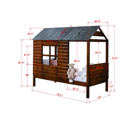 Twin Log Cabin Low Loft In Rustic Walnut/Rustic Silver Finish W/Twin Trundle Bed