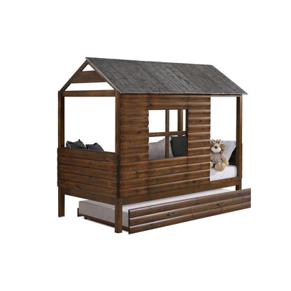 Twin Log Cabin Low Loft In Rustic Walnut/Rustic Silver Finish W/Twin Trundle Bed
