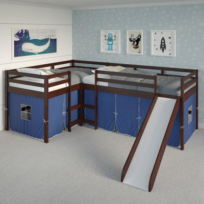 L-Shape Double Twin Loft Bed In Dark Cappuccino Finish