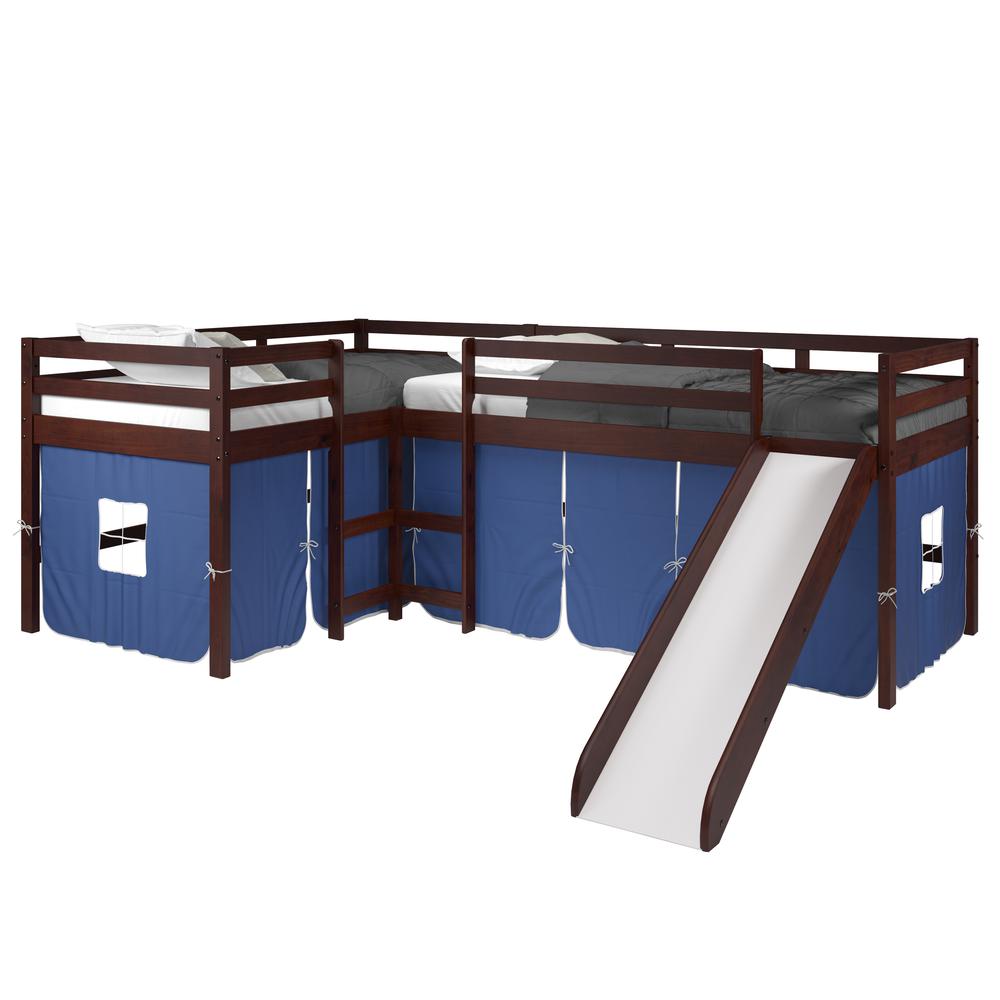L-Shape Double Twin Loft Bed In Dark Cappuccino Finish