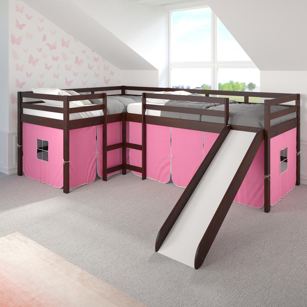 L-Shape Double Twin Loft Bed In Dark Cappuccino Finish